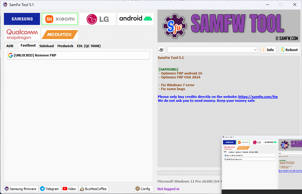 Samfw tool 5. 1 interface showing samsung xiaomi lg and android frp removal features