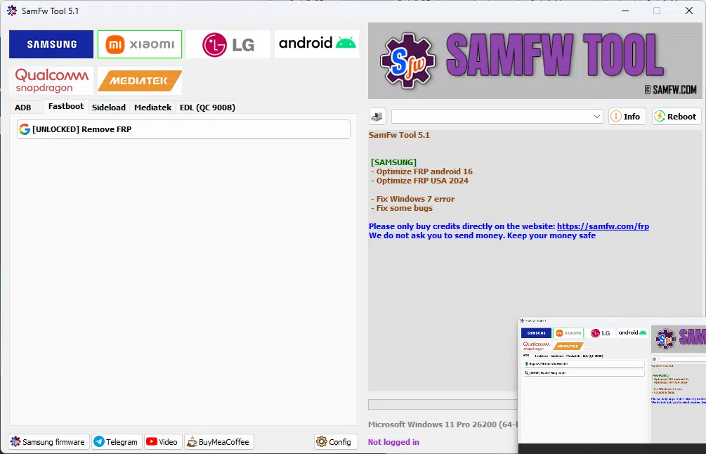 Samfw tool 5. 1 interface showing samsung xiaomi lg and android frp removal features
