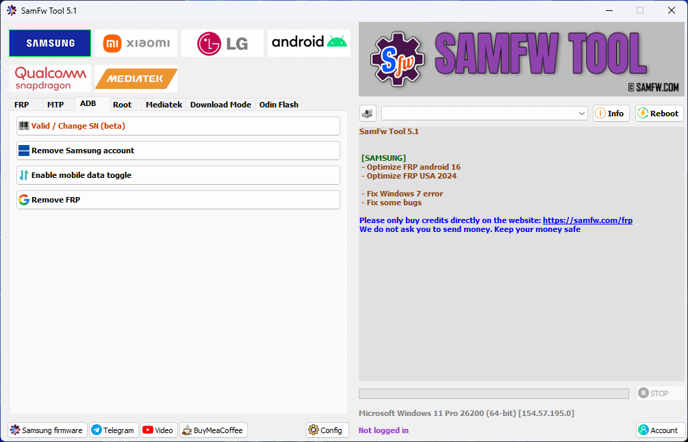 Samfw tool download interface showing frp removal and android unlocking features