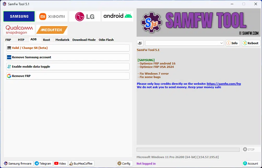 Samfw tool download interface showing frp removal and android unlocking features