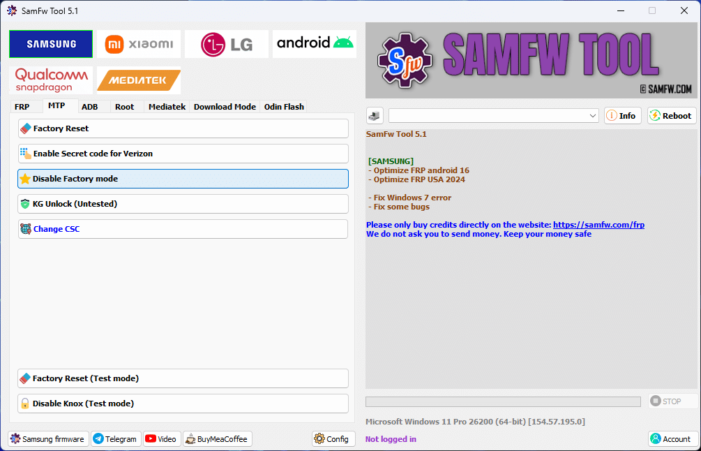 Samfw tool interface showing samsung xiaomi lg and android frp removal features