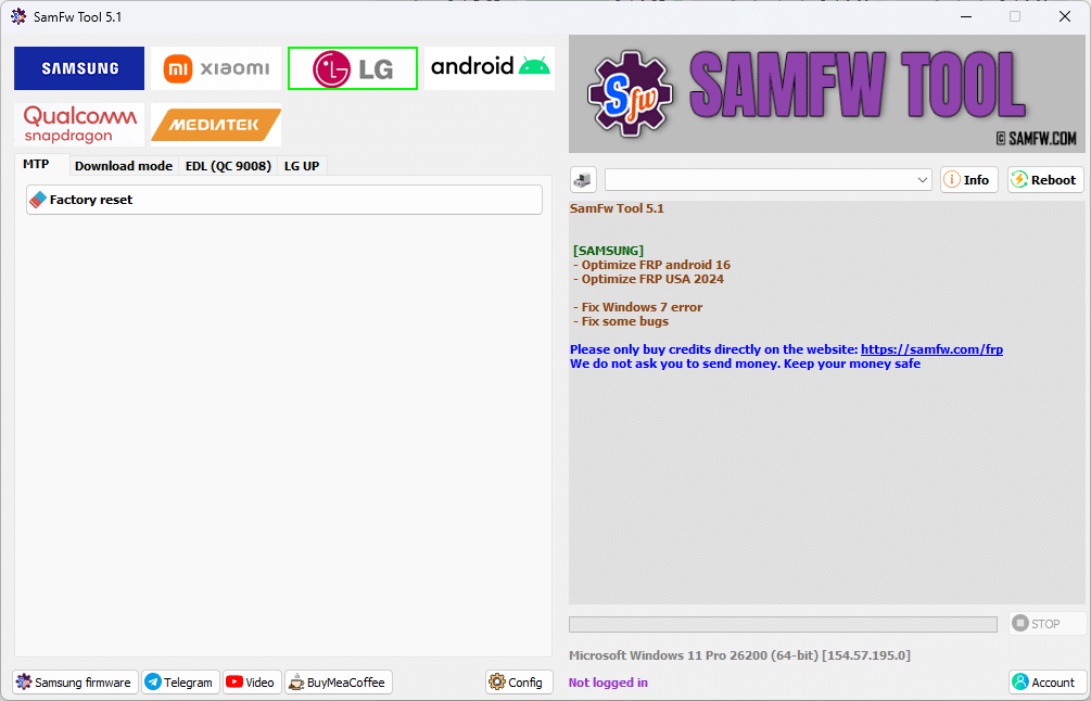 Samfw tools download interface showing samsung xiaomi lg and android frp removal features