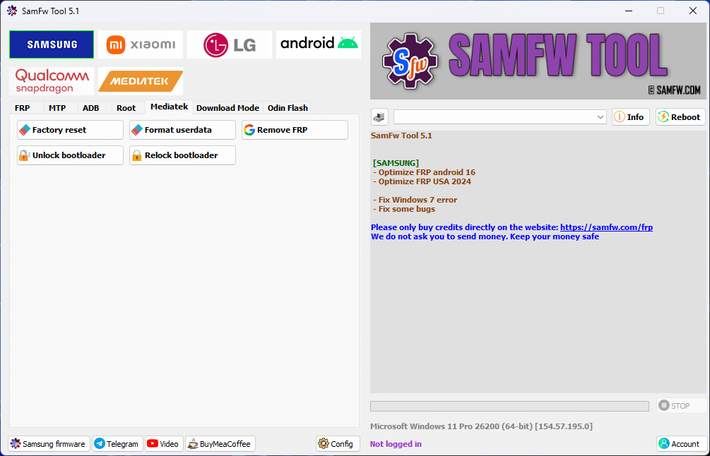 Samfw tools interface showing samsung xiaomi lg and android frp removal and flashing features