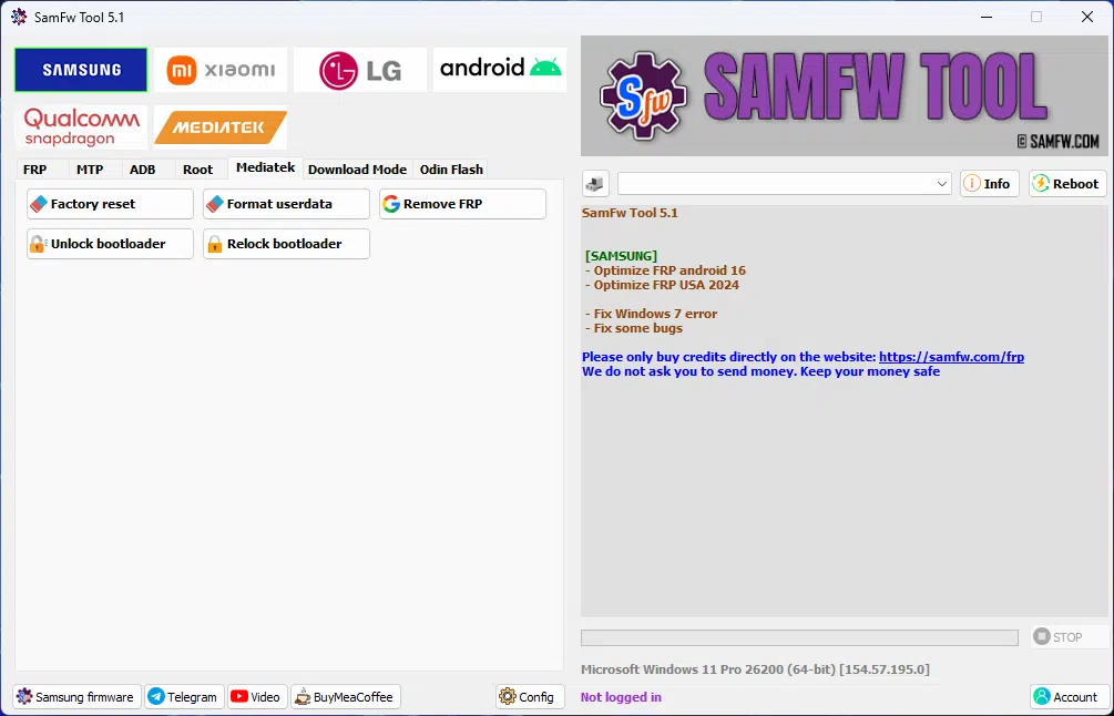 Samfw tools interface showing samsung xiaomi lg and android frp removal and flashing features