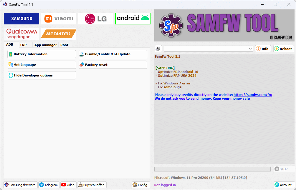 Samfw tool interface showing samsung xiaomi lg and android frp removal and flashing features