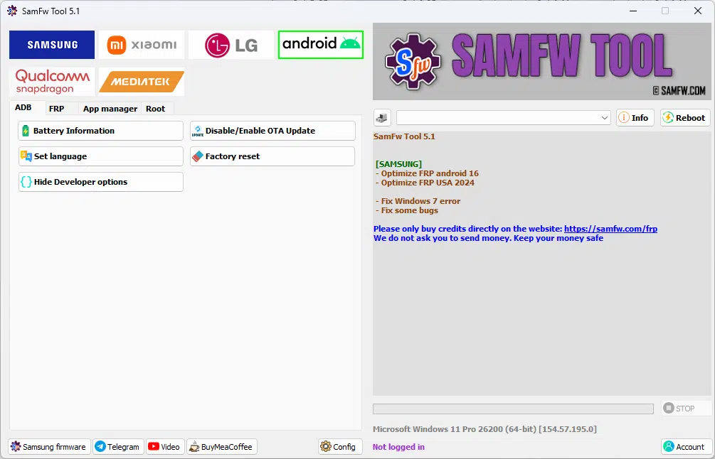 Samfw tool interface showing samsung xiaomi lg and android frp removal and flashing features