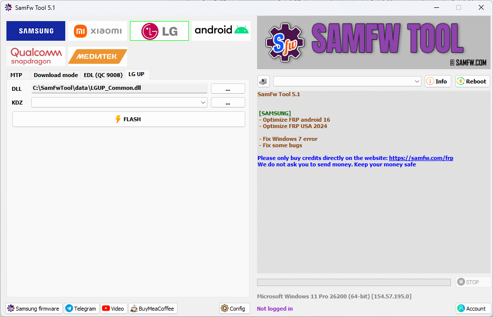 Samfw tool 5. 1 interface showing samsung xiaomi lg and android frp removal and flashing options