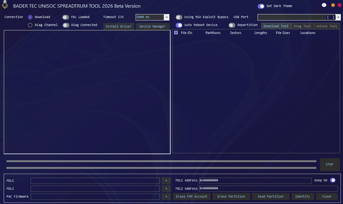 Bader tec unisoc spreadtrum tool free interface showing flash diag and unlock features for unisoc phones
