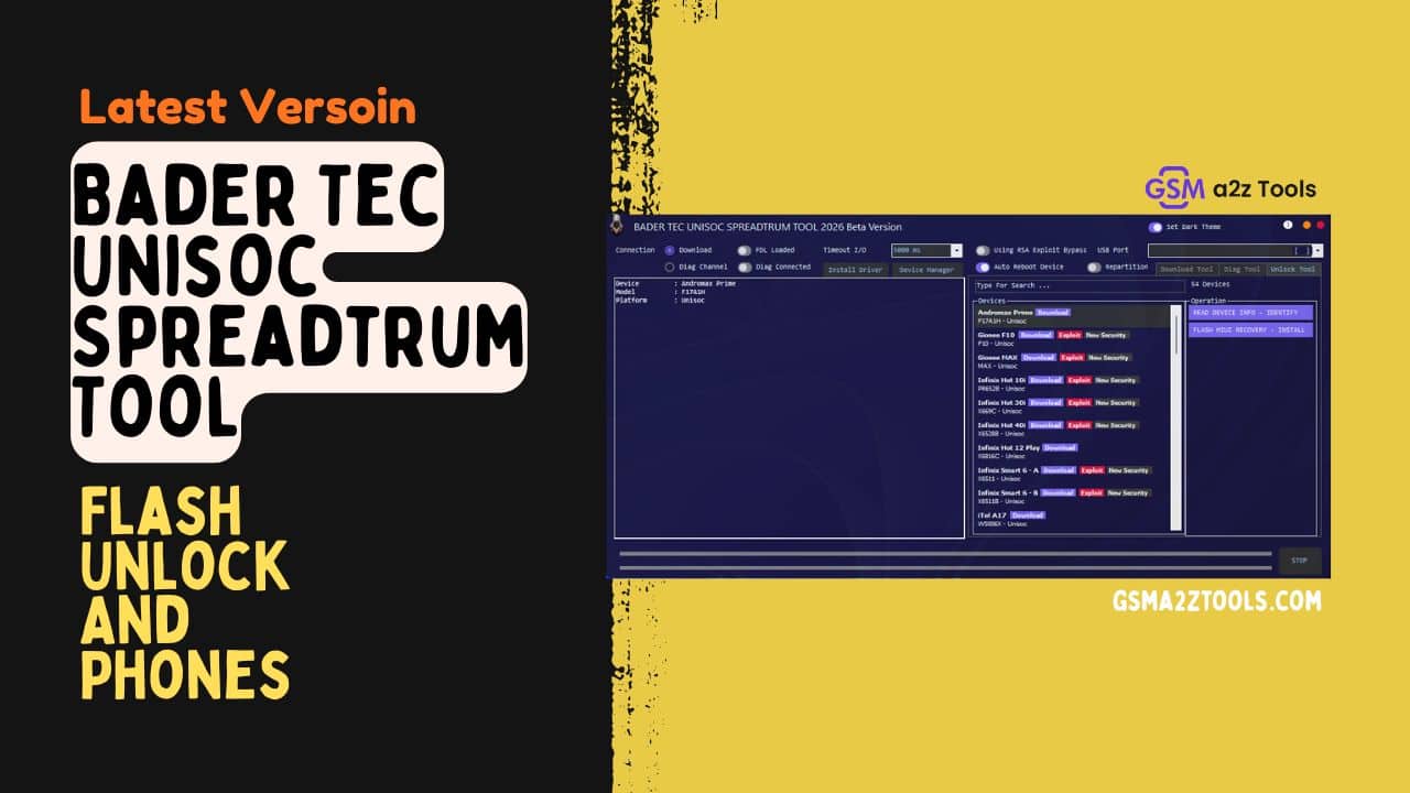 Bader tec unisoc spreadtrum tool software interface showing flash unlock and diag features for unisoc phones