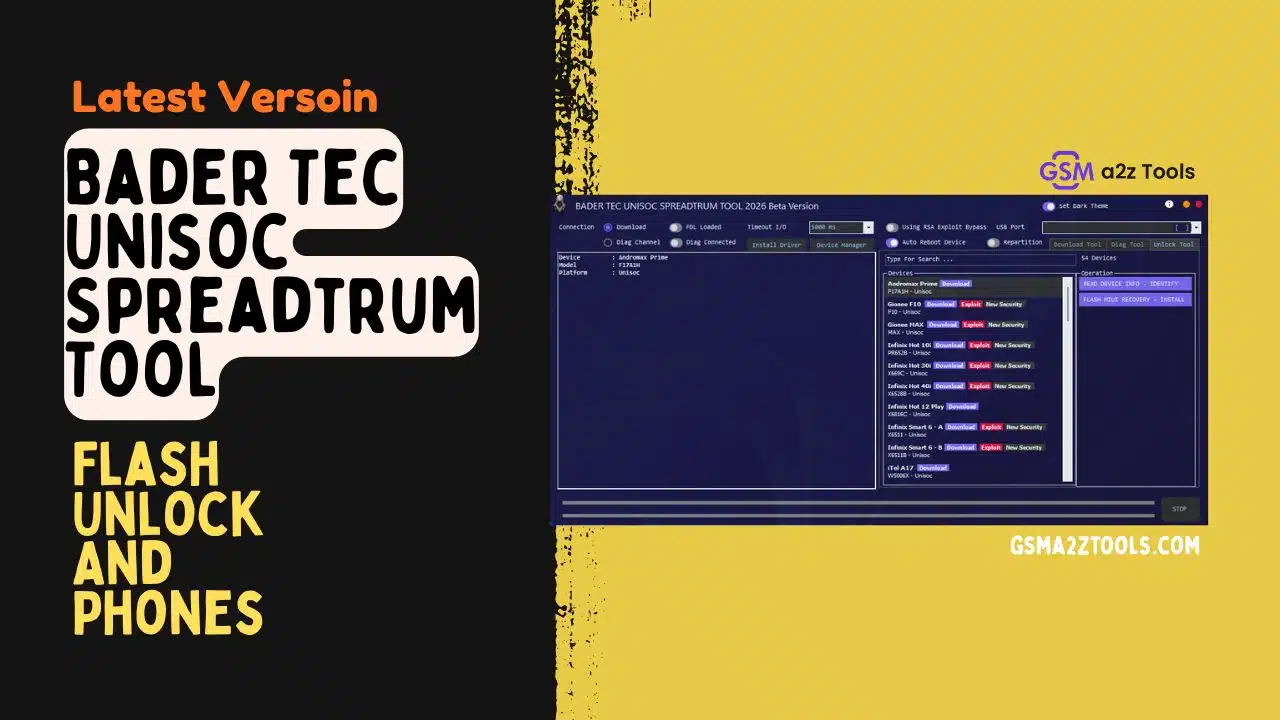 Bader tec unisoc spreadtrum tool software interface showing flash unlock and diag features for unisoc phones