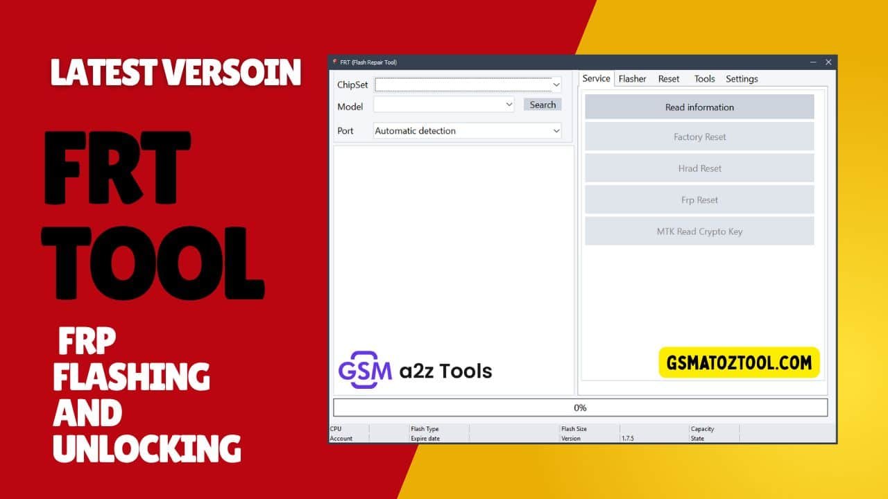 Frt tool interface showing service tab flasher tab and tools tab options for android flashing and frp reset