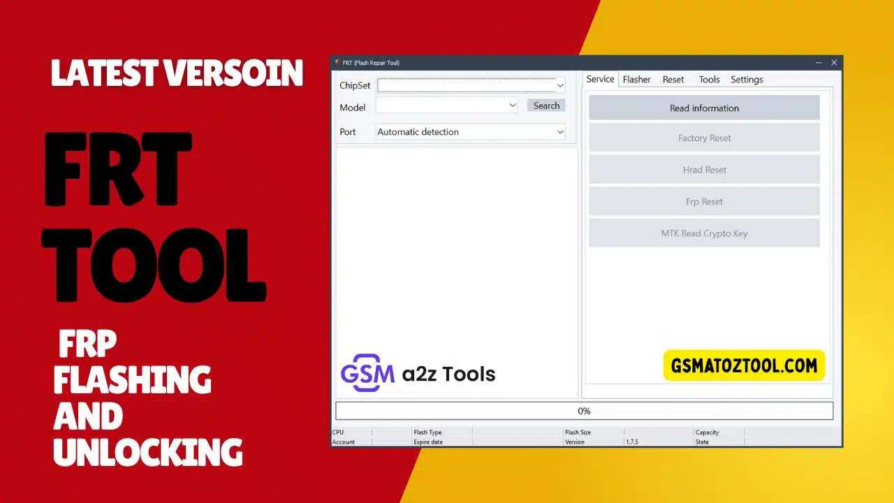 Frt tool interface showing service tab flasher tab and tools tab options for android flashing and frp reset