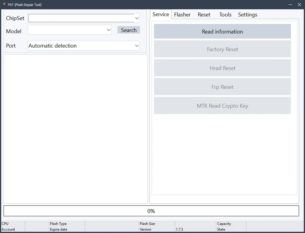 Frt tool interface showing service tab flasher tab and tools tab for android flashing and frp reset