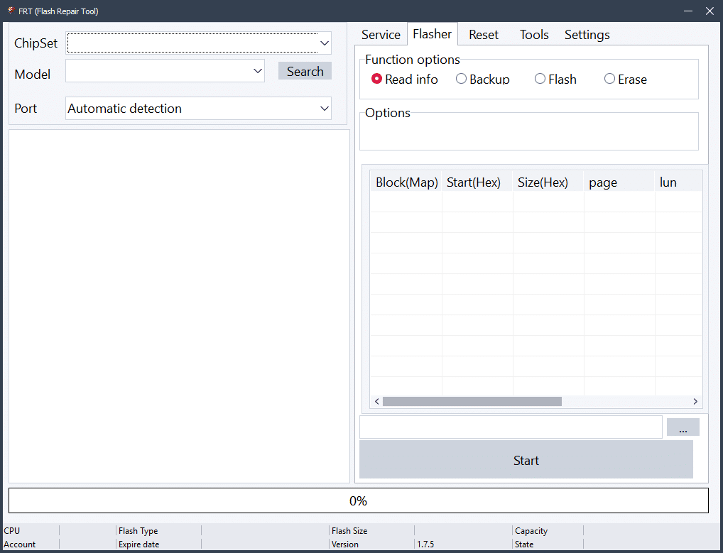 Frt tools interface showing service tab flasher tab and tools tab for android flashing frp reset and imei repair