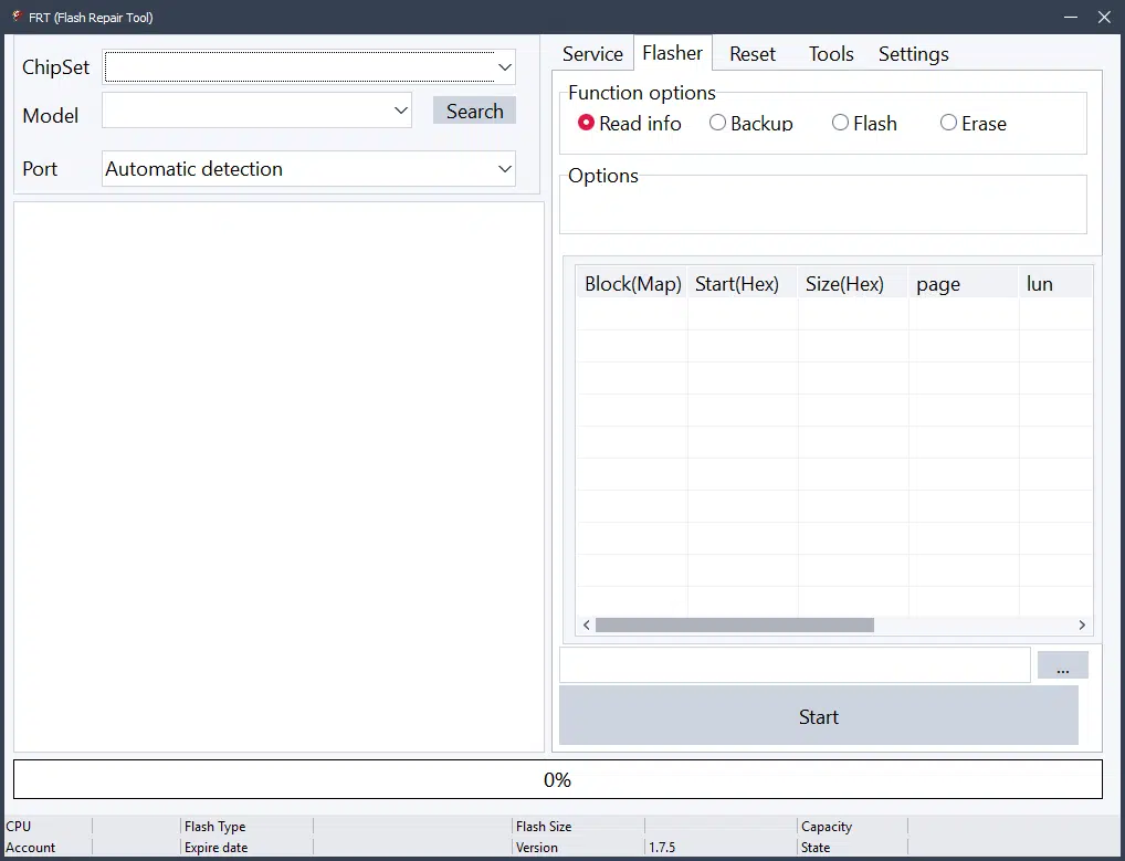 Frt tools interface showing service tab flasher tab and tools tab for android flashing frp reset and imei repair