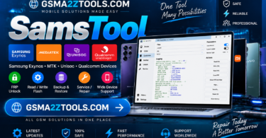 Samstool by gsma2ztools showing samsung exynos mtk unisoc qualcomm support with frp unlock read write flash backup restore and service repair features for all samsung devices