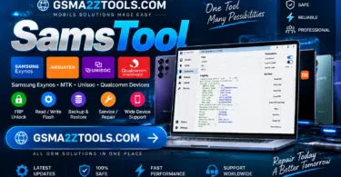 Samstool by gsma2ztools showing samsung exynos mtk unisoc qualcomm support with frp unlock read write flash backup restore and service repair features for all samsung devices