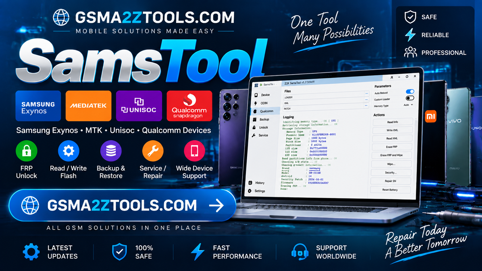 Samstool Samstool by gsma2ztools showing samsung exynos mtk unisoc qualcomm support with frp unlock read write flash backup restore and service repair features for all samsung devices