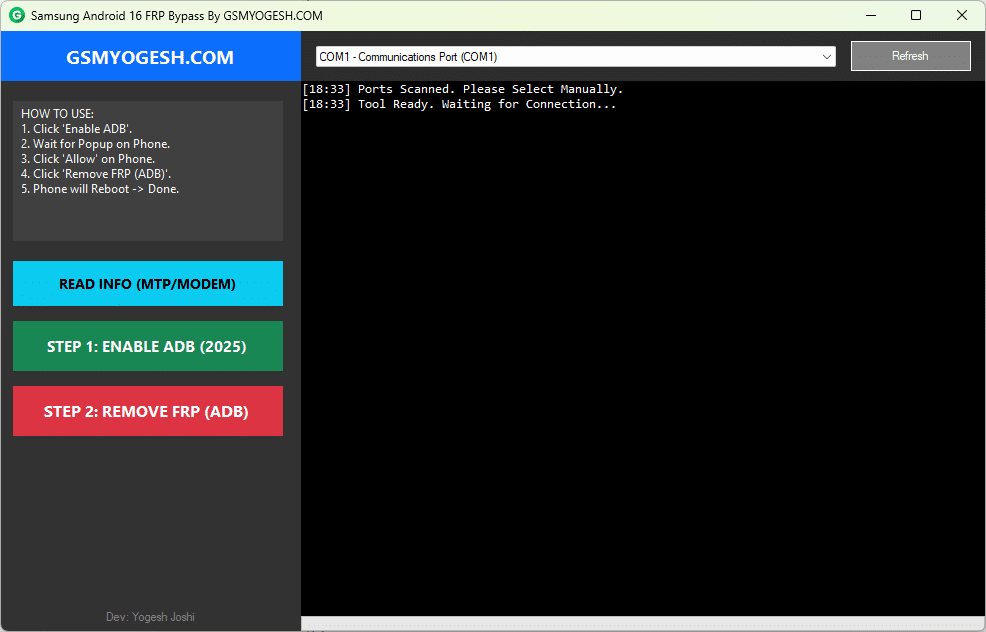Samsung android 16 frp bypass tool interface showing frp removal options