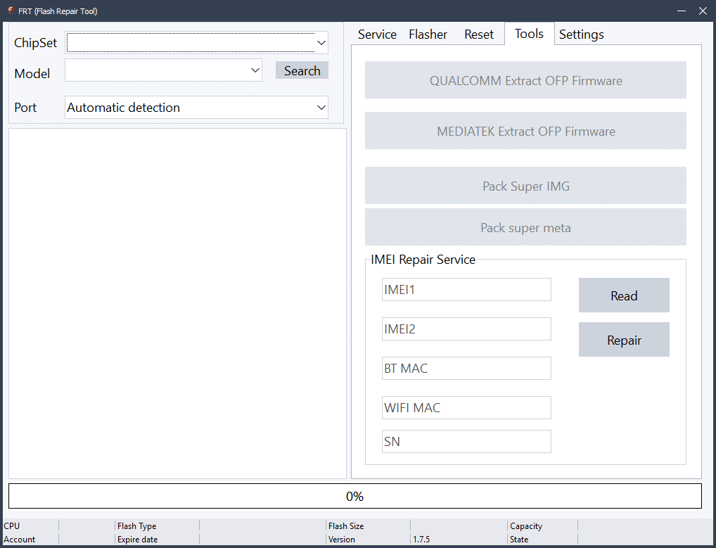 Frt tool latest version interface showing service flasher and tools tabs for android flashing frp reset and imei repair