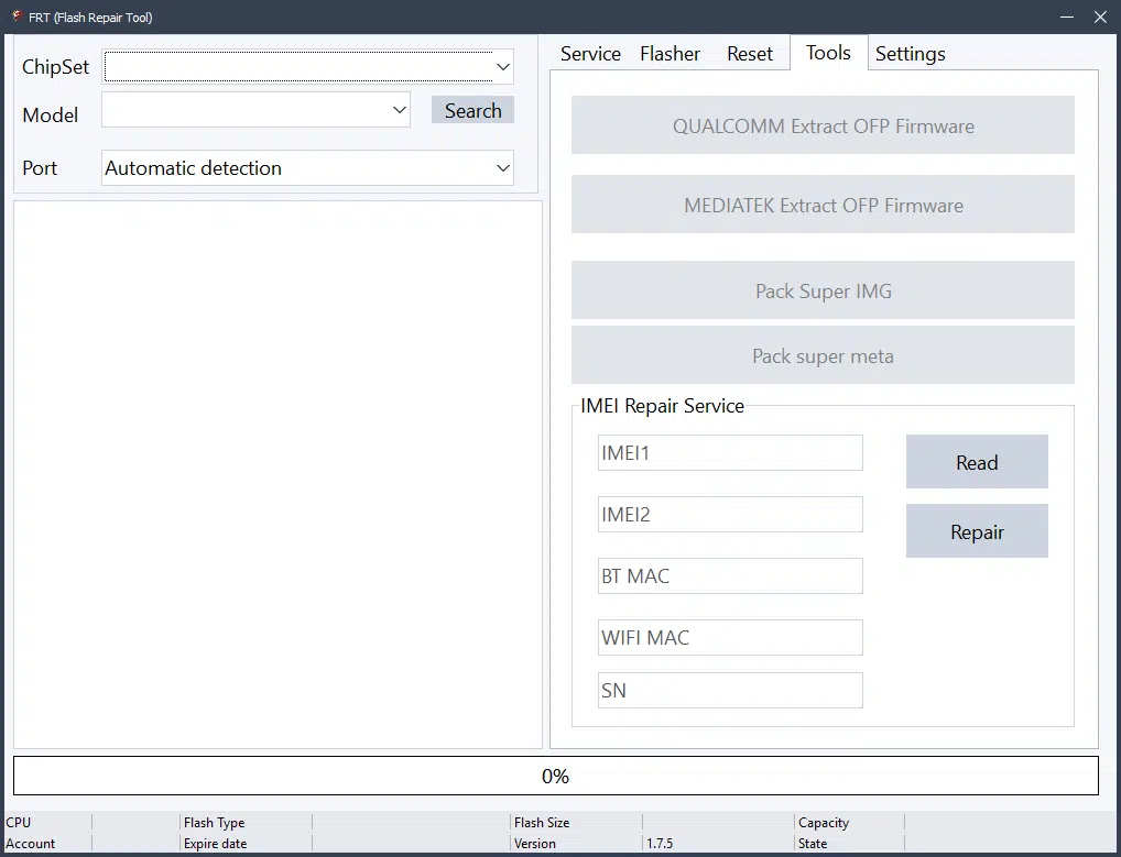 Frt tool latest version interface showing service flasher and tools tabs for android flashing frp reset and imei repair