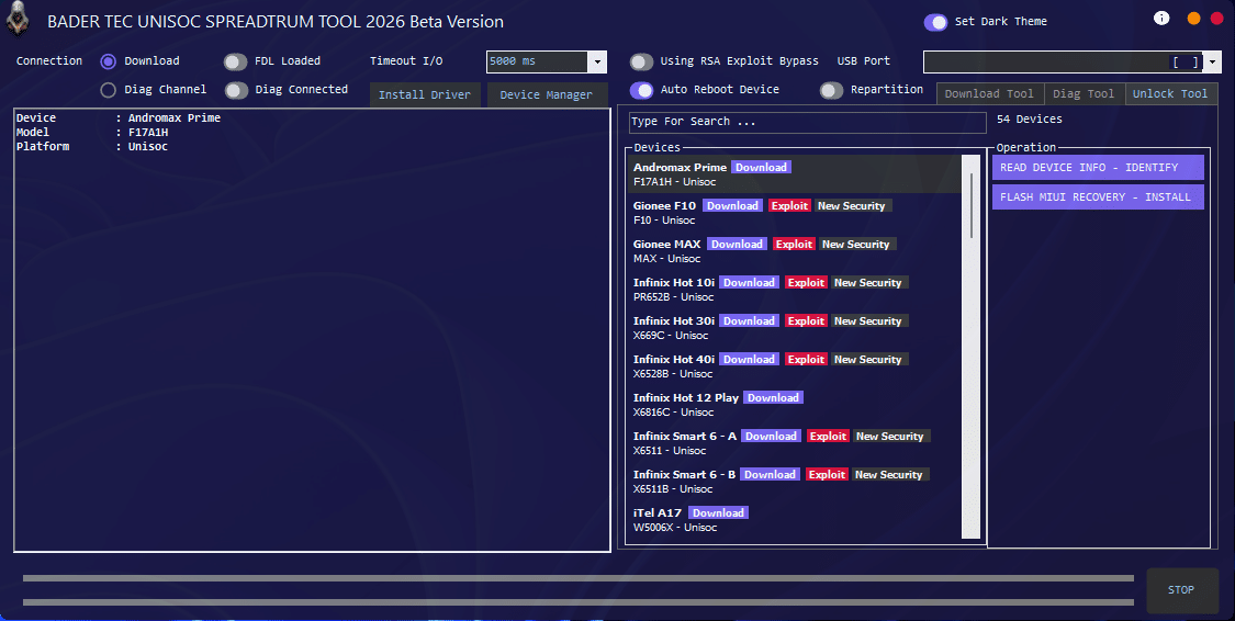 Bader tec unisoc spreadtrum tool interface showing flash diag and unlock features for unisoc phones