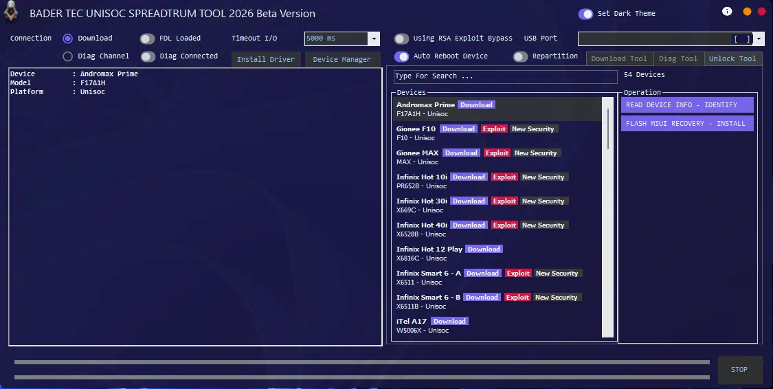Bader tec unisoc spreadtrum tool interface showing flash diag and unlock features for unisoc phones