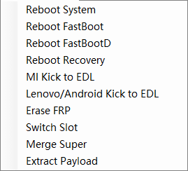 Advanced android software repair menu displaying options for reboot fastboot mi kick to edl and erase frp.