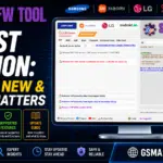 Samfw tool latest version interface showing frp removal servers for samsung xiaomi lg and android 16