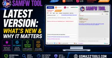 Samfw tool latest version interface showing frp removal servers for samsung xiaomi lg and android 16