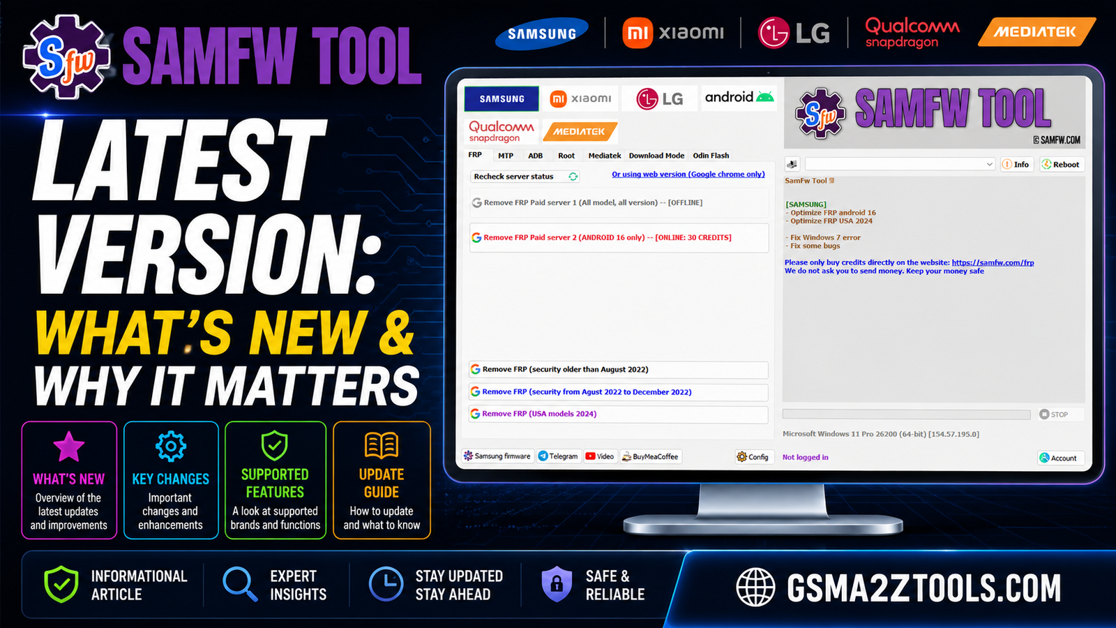 Samfw tool Samfw tool latest version interface showing frp removal servers for samsung xiaomi lg and android 16