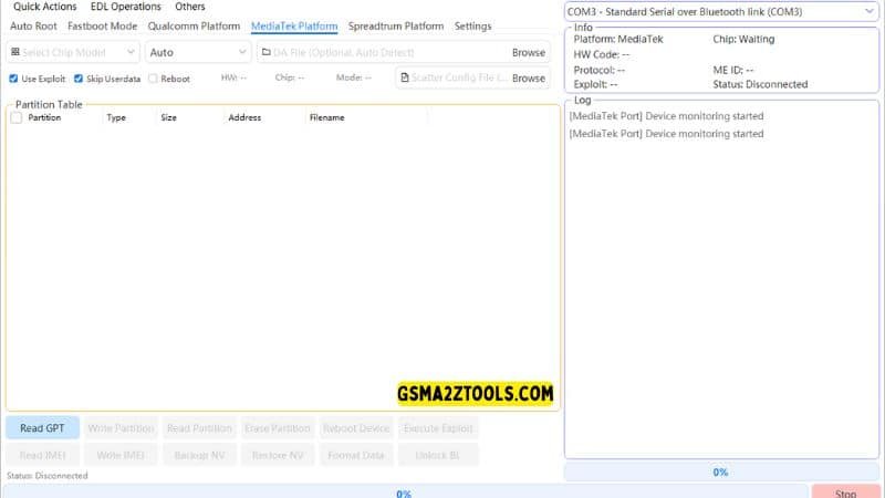Multiflash tool mediatek platform tab with options for use exploit skip userdata and scatter config file selection.