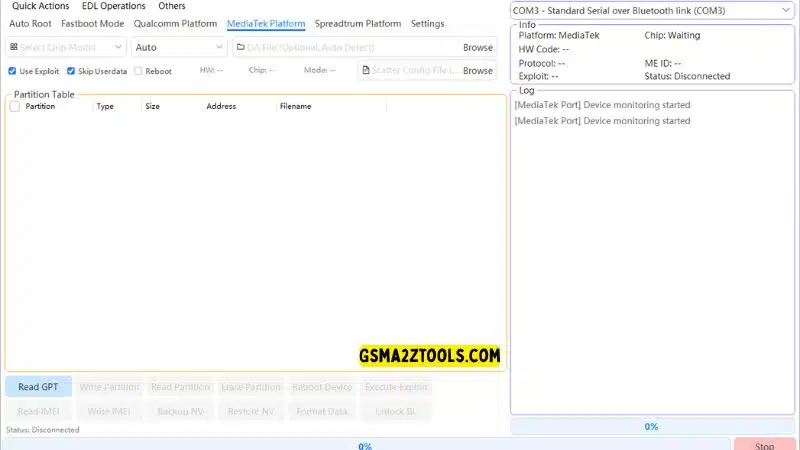 Multiflash tool mediatek platform tab with options for use exploit skip userdata and scatter config file selection.