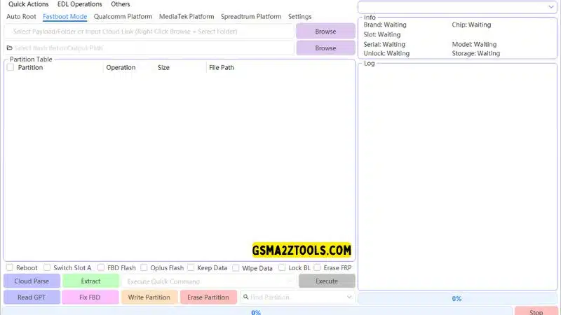 Multiflash tool by gsmyogesh showing fastboot mode partition table and device info panel.