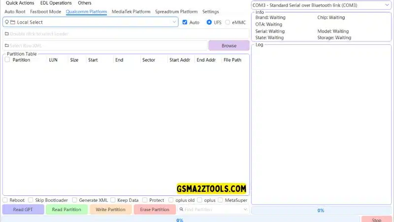 Multiflash tool qualcomm platform tab showing ufs and emmc selection with partition table and read gpt options.