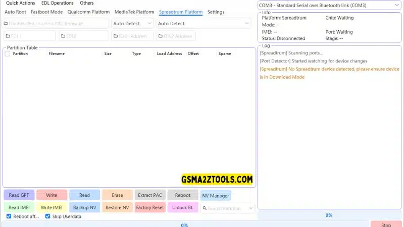 Multiflash tool spreadtrum platform tab with options for pac firmware loading nv manager and factory reset.