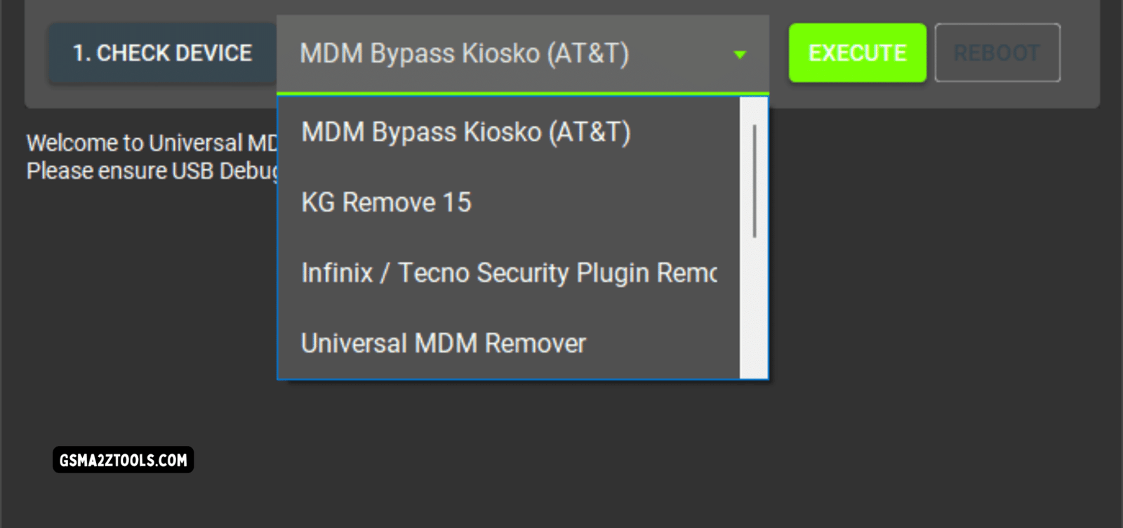 Universal mdm & kg bypass pro tool dashboard interface for android device unlocking and security bypass.