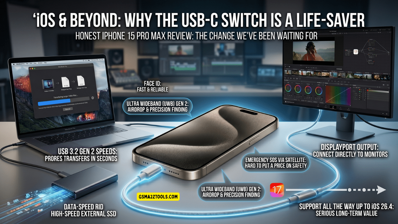 Iphone 15 pro max review usb-c 3. 2 gen 2 speed and ios 17 connectivity features