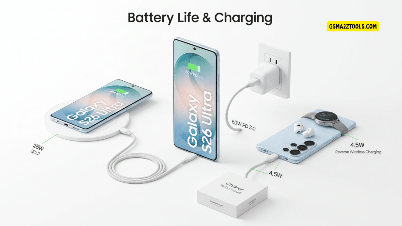 Samsung galaxy s26 ultra smartphone showing sleek design with large display highlighting battery performance and fast charging