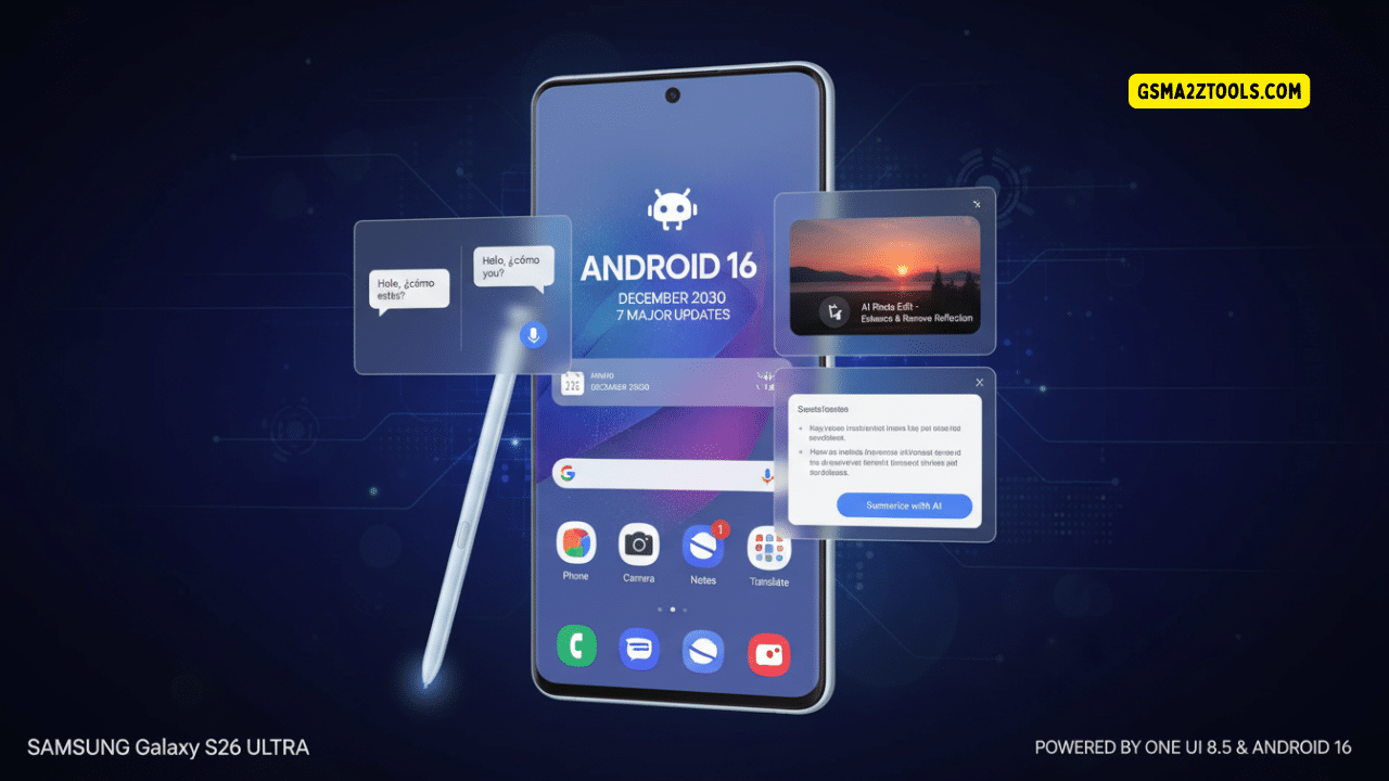 Samsung galaxy s26 ultra displaying one ui 8. 5 interface based on android 16 on its home screen