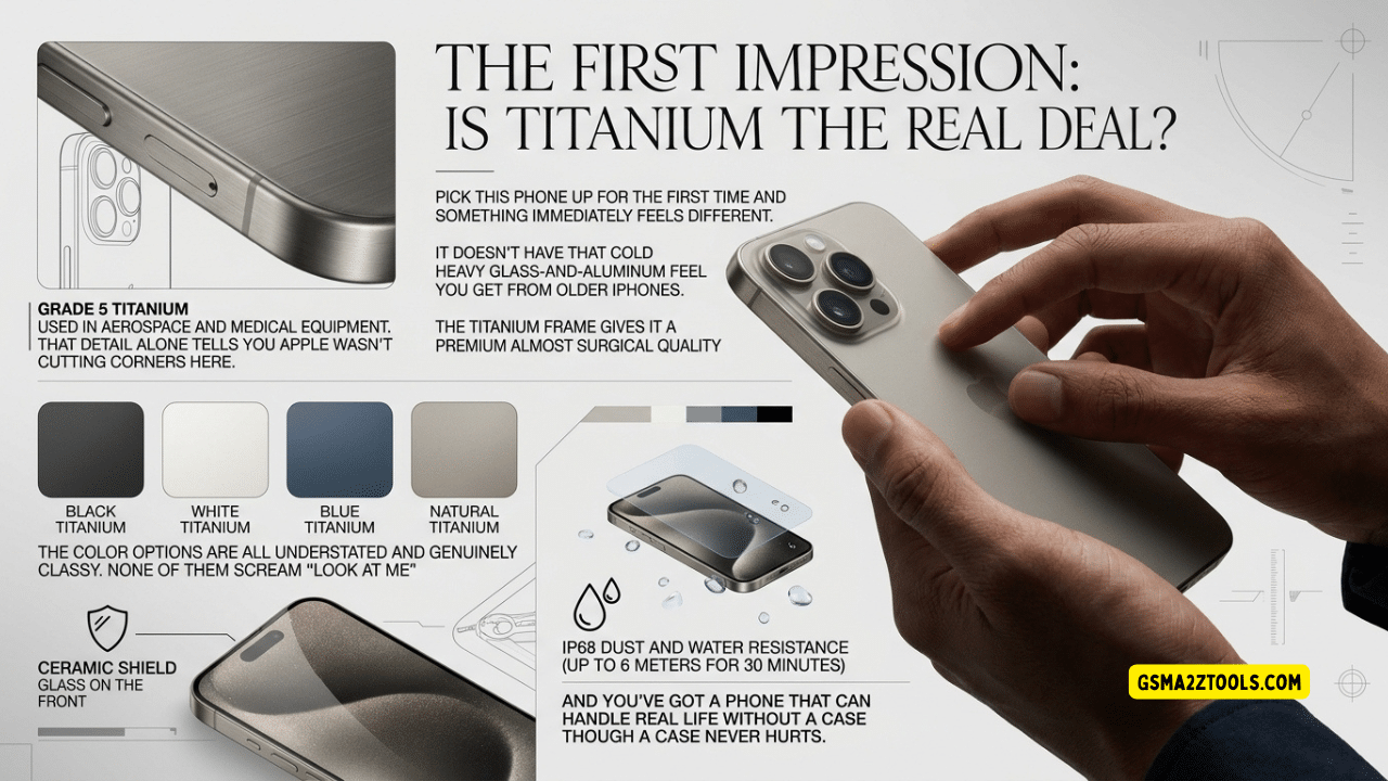 The iphone 15 pro max in natural titanium standing upright to showcase its premium brushed aerospace-grade titanium rails and contoured edges.