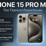 A close-up high-quality shot of the iphone 15 pro max in natural titanium resting on a sleek wooden desk with the screen illuminated.