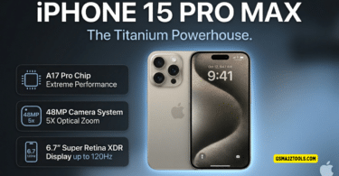 A close-up high-quality shot of the iphone 15 pro max in natural titanium resting on a sleek wooden desk with the screen illuminated.