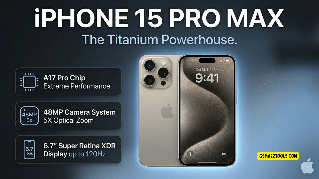 A close-up high-quality shot of the iphone 15 pro max in natural titanium resting on a sleek wooden desk with the screen illuminated.