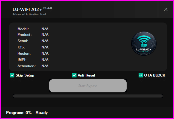 Lu-wifi a12+ tool advanced activation bypass tool with skip setup anti reset and ota block options