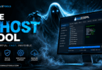 The ghost tool software interface displayed on a monitor with a dark blue futuristic background and a glowing ghost figure highlighting mobile flashing frp bypass and device servicing features.