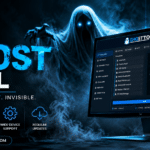The ghost tool software interface displayed on a monitor with a dark blue futuristic background and a glowing ghost figure highlighting mobile flashing frp bypass and device servicing features.