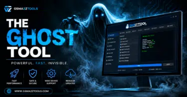 The ghost tool software interface displayed on a monitor with a dark blue futuristic background and a glowing ghost figure highlighting mobile flashing frp bypass and device servicing features.