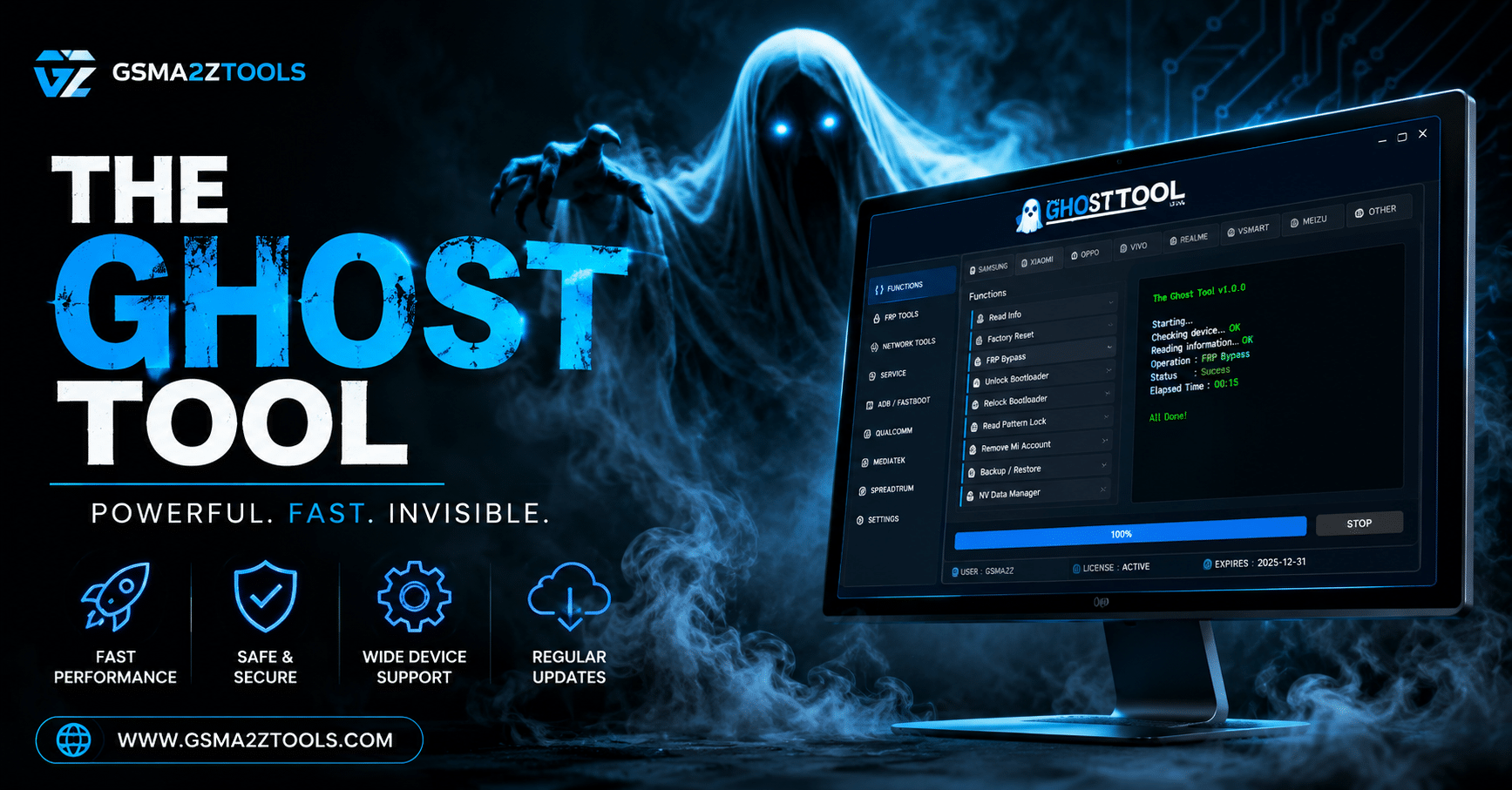 The ghost tool software interface displayed on a monitor with a dark blue futuristic background and a glowing ghost figure highlighting mobile flashing frp bypass and device servicing features.