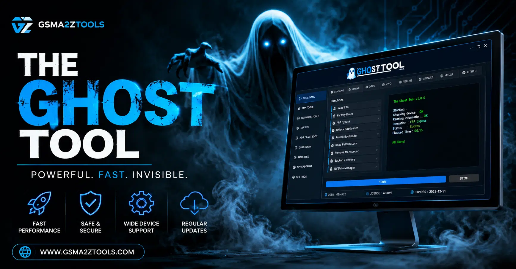 The ghost tool software interface displayed on a monitor with a dark blue futuristic background and a glowing ghost figure highlighting mobile flashing frp bypass and device servicing features.